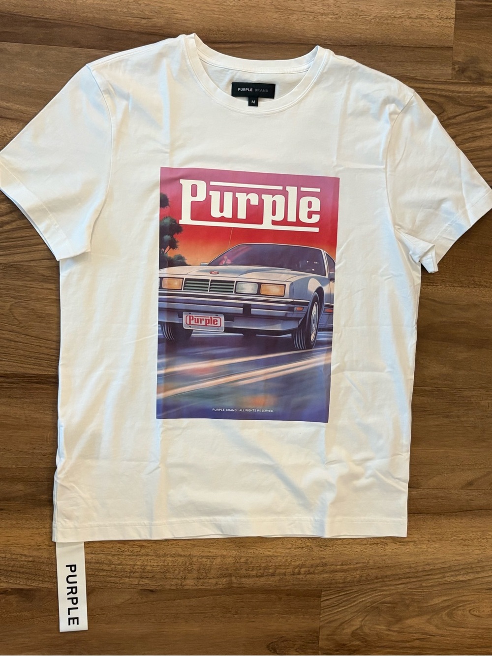 Purple Brand White Graphic Short Sleeve Tee with Retro Car Print